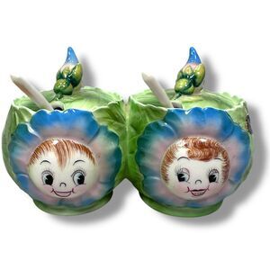 Vintage PY Japan Ceramic Anthropomorphic Condiment Containers Cabbage Rose Bird
